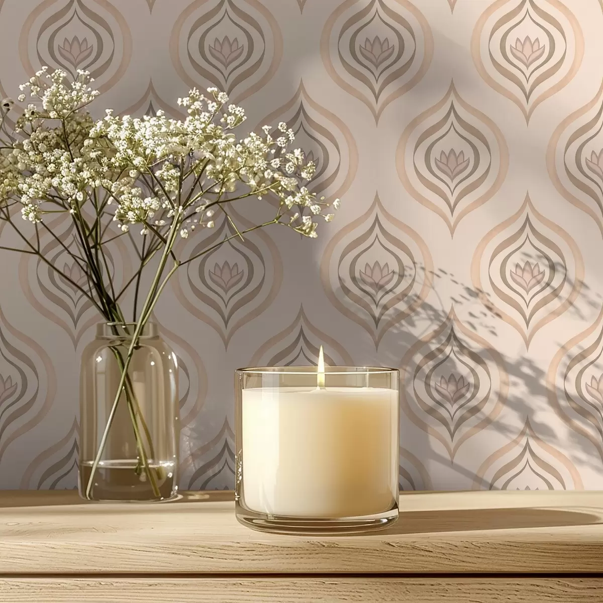 Taustakuva Jauhemaiset pisaramotiivit ja kukka lämpimällä taustalla a00977v2