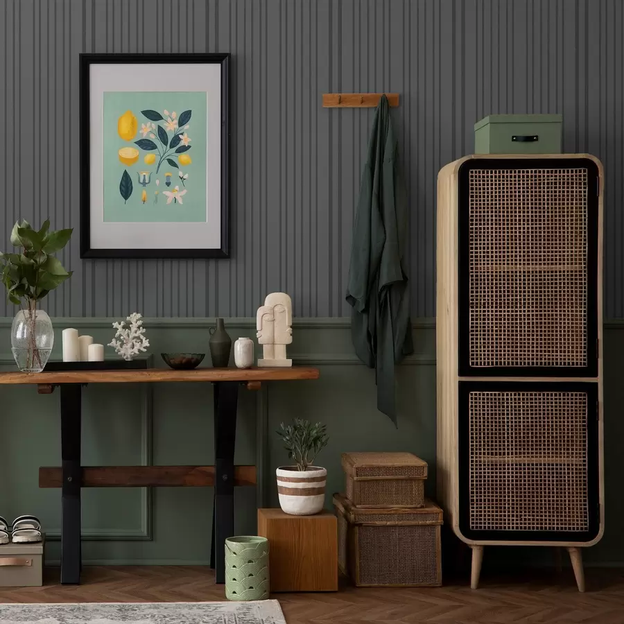 Valokuvatapetti Tummanharmaa tausta, jossa pystysuuntaiset teksturoidut raidat a00979v1