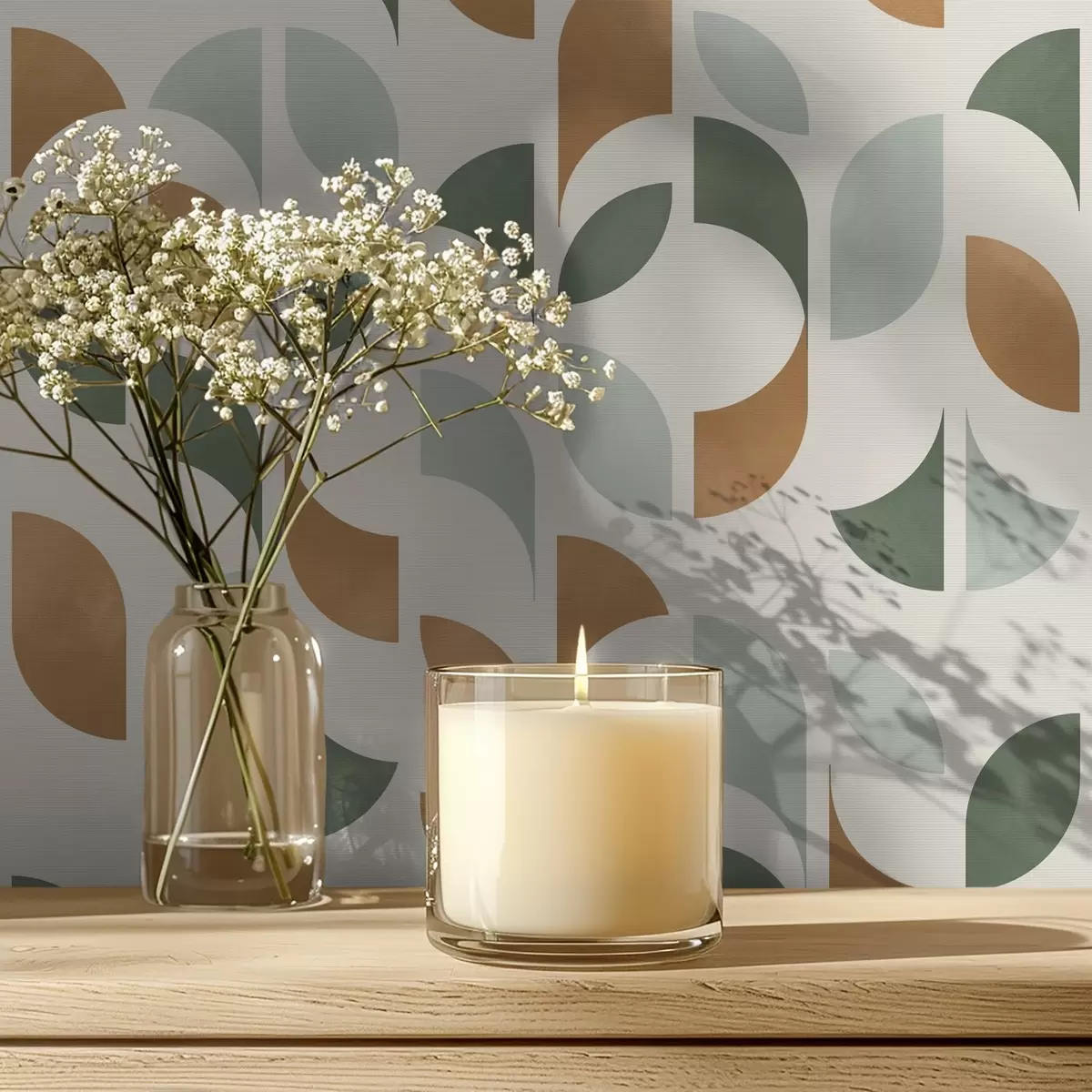 Taustakuva Pystysuorat puolipyöreät pylväät ja lehdet, vihreä-terrakotta a00986