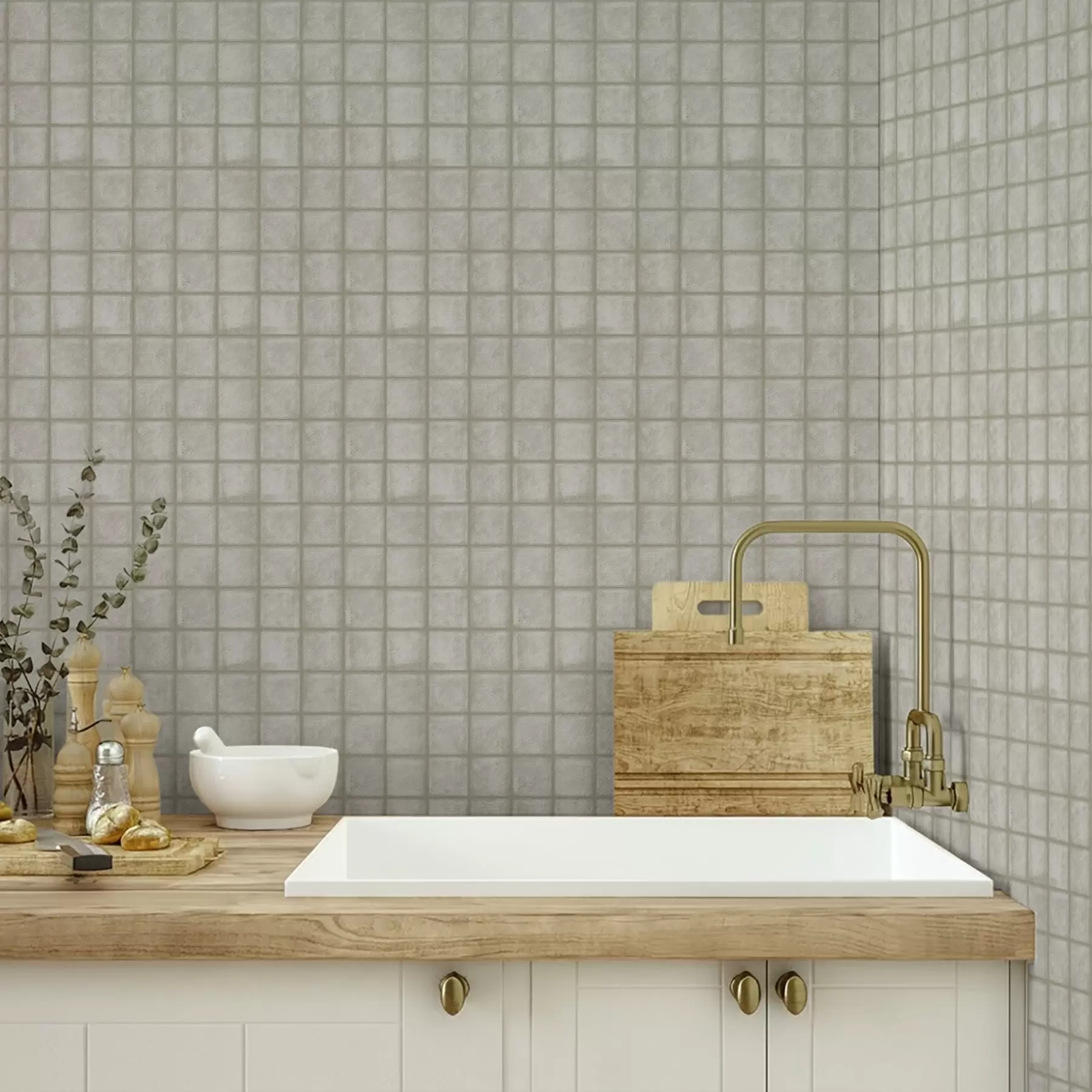 Valokuvatapetti Neliönmuotoisten laattojen jäljitelmä pehmeässä harmaavihreässä värimaailmassa a00988