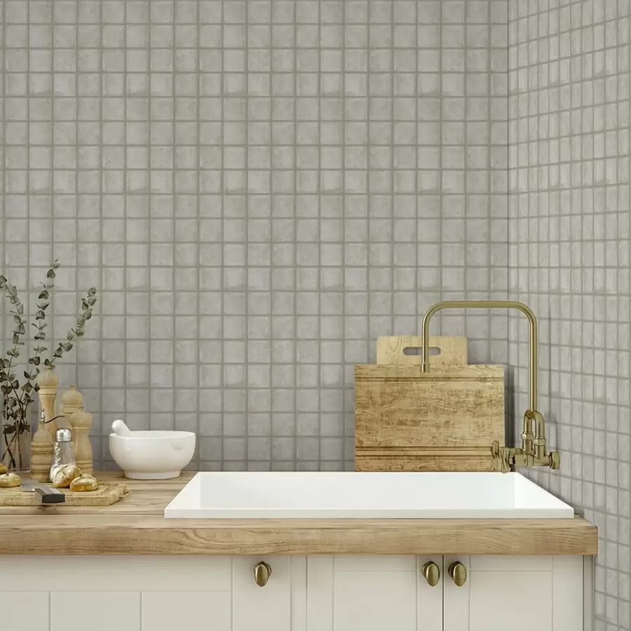 Valokuvatapetti Neliönmuotoisten laattojen jäljitelmä pehmeässä harmaavihreässä värimaailmassa a00988