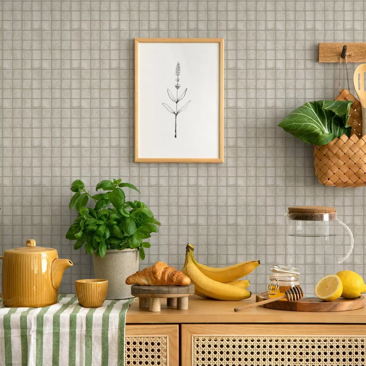 Taustakuva Neliönmuotoisten laattojen jäljitelmä pehmeässä harmaavihreässä värimaailmassa a00988