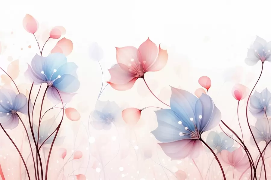 Valokuvatapetti Hienostuneet vaaleanpunaiset ja siniset kukat — ilmava kukkakuvio valkoisella vesiväri-taustalla w09507