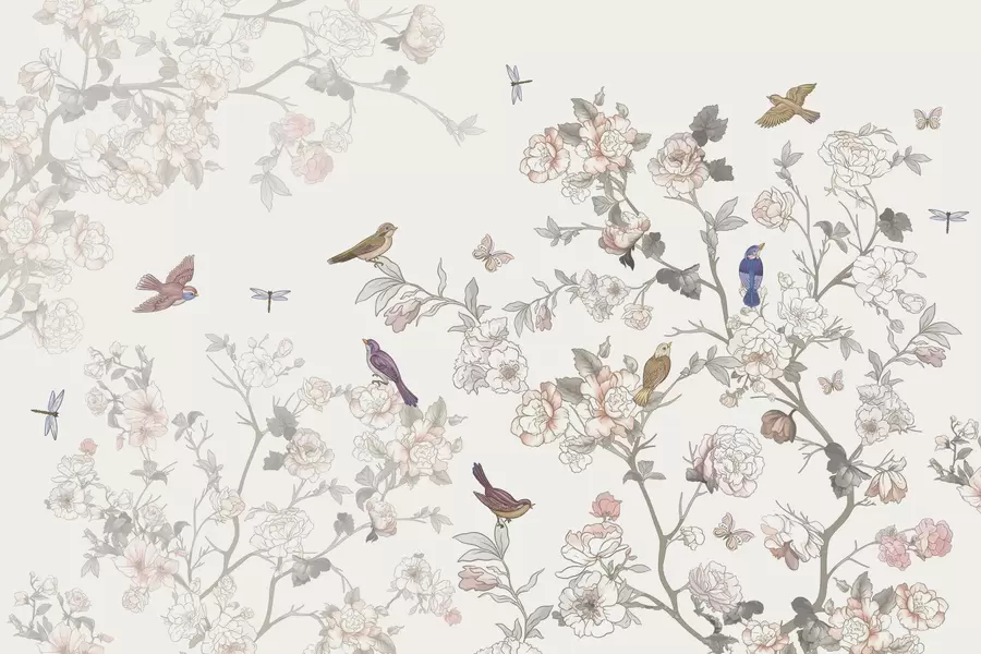 Valokuvatapetti Linnut lähellä kukkivia oksia w04939