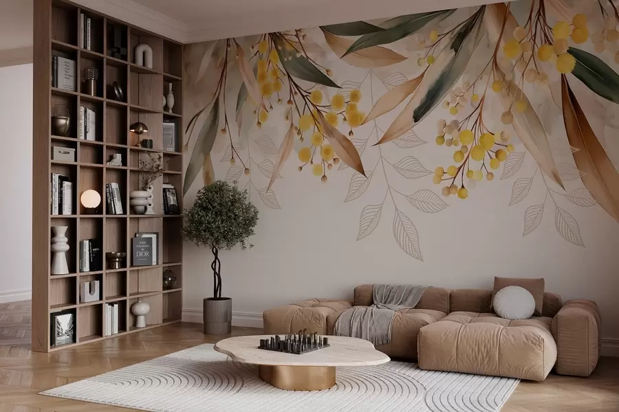 Valokuvatapetti vesiväri-tyyliset kukat ja lehdet, jotka putoavat ylhäältä alas w04880