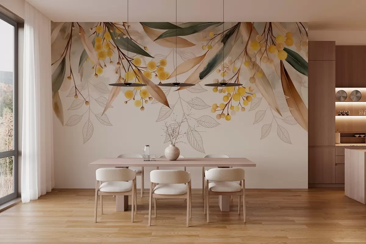 Valokuvatapetti vesiväri-tyyliset kukat ja lehdet, jotka putoavat ylhäältä alas w04880