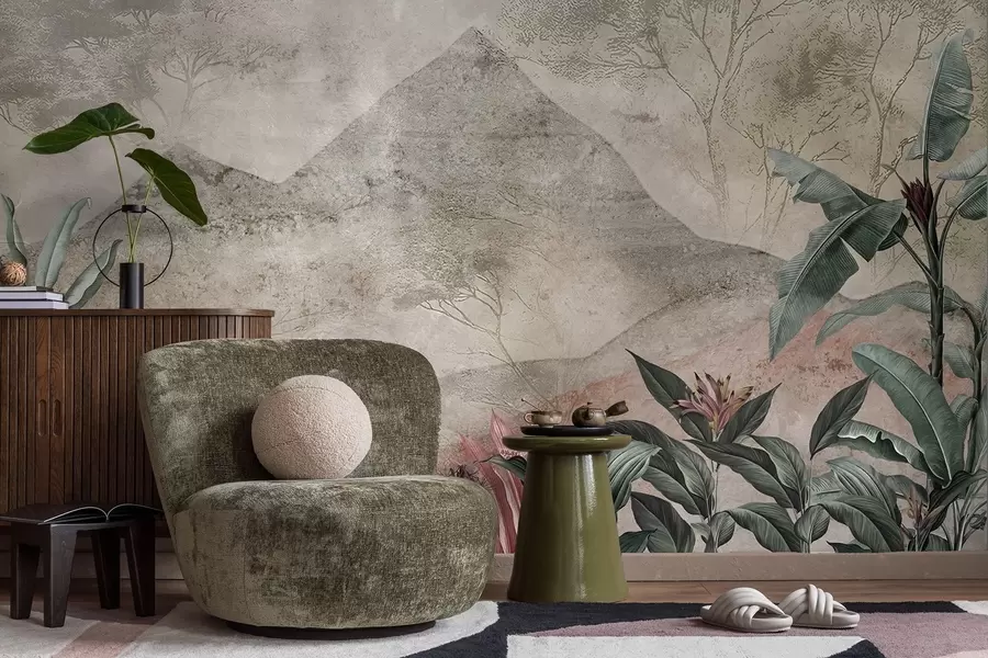 Valokuvatapetti Pastelliväriset banaaninlehdet ja trooppiset kukat vuorten taustalla w04933