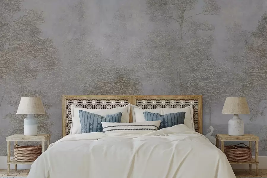 Valokuvatapetti Sumuisessa metsässä valkoinen haikara ja pehmeä tekstuuri w04953