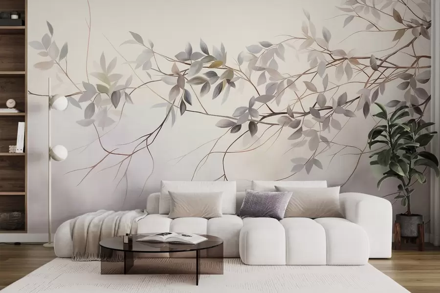 Valokuvatapetti Hienostuneesti kuvioidut oksat, joissa on hillittyjä harmaita, violetteja ja vihreitä lehtiä pehmeää, hämärtynyttä taustaa vasten w09336