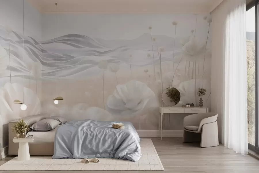 Valokuvatapetti Teksturoitu kenttä kermaisia unikoita ja kumpuilevia kukkuloita vaaleansinisen taivaan alla, jossa on pehmeitä pilviä, pastellivärejä w09553