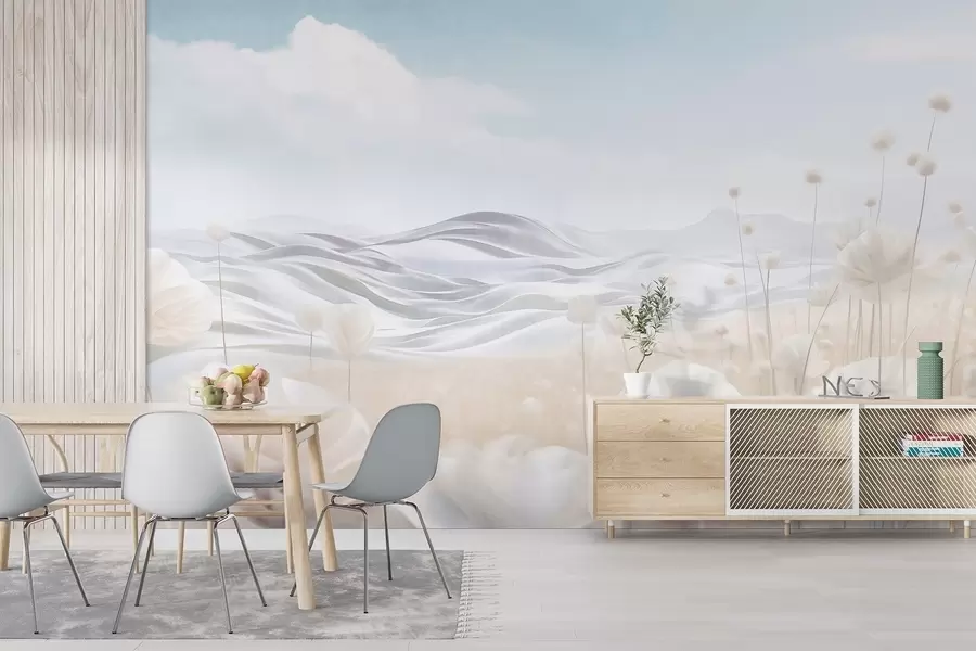 Valokuvatapetti Teksturoitu kenttä kermaisia unikoita ja kumpuilevia kukkuloita vaaleansinisen taivaan alla, jossa on pehmeitä pilviä, pastellivärejä w09553