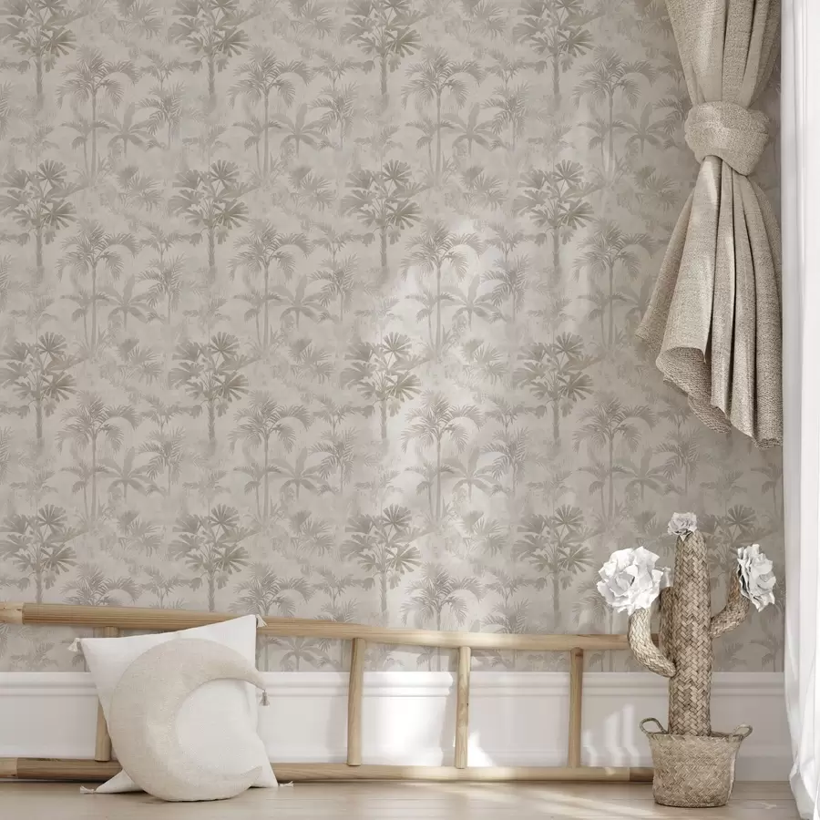 Valokuvatapetti Sumuiset palmuja kasvava lehto lämpimissä beige sävyissä a00881
