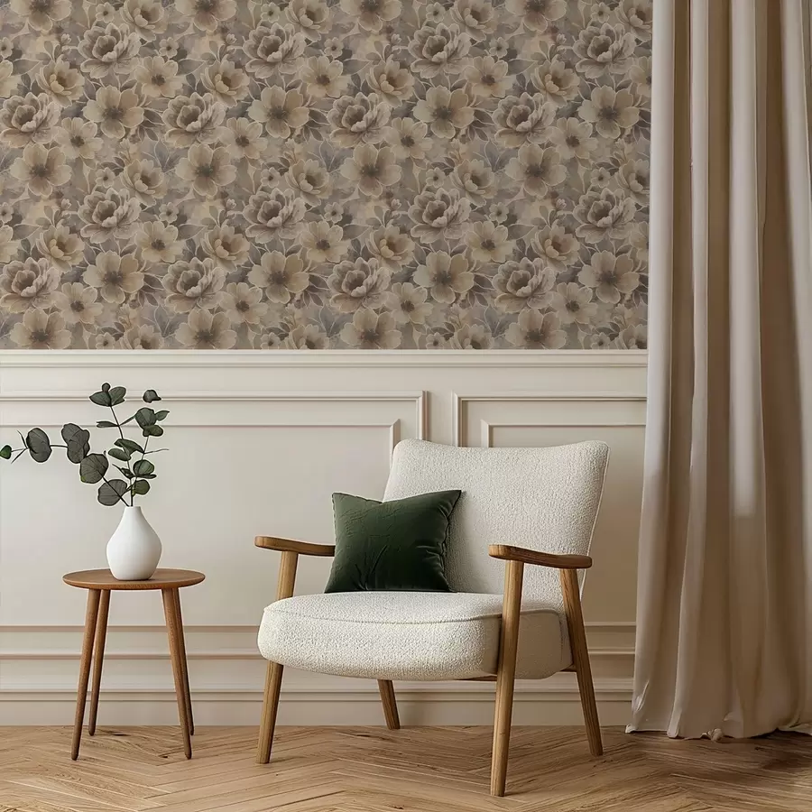 Valokuvatapetti Maalaukselliset beige kukat savuisella abstraktilla taustalla a00884