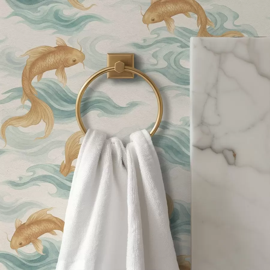 Valokuvatapetti Amber-koi-kala ui pehmeiden turkoosien aaltojen keskellä a00894