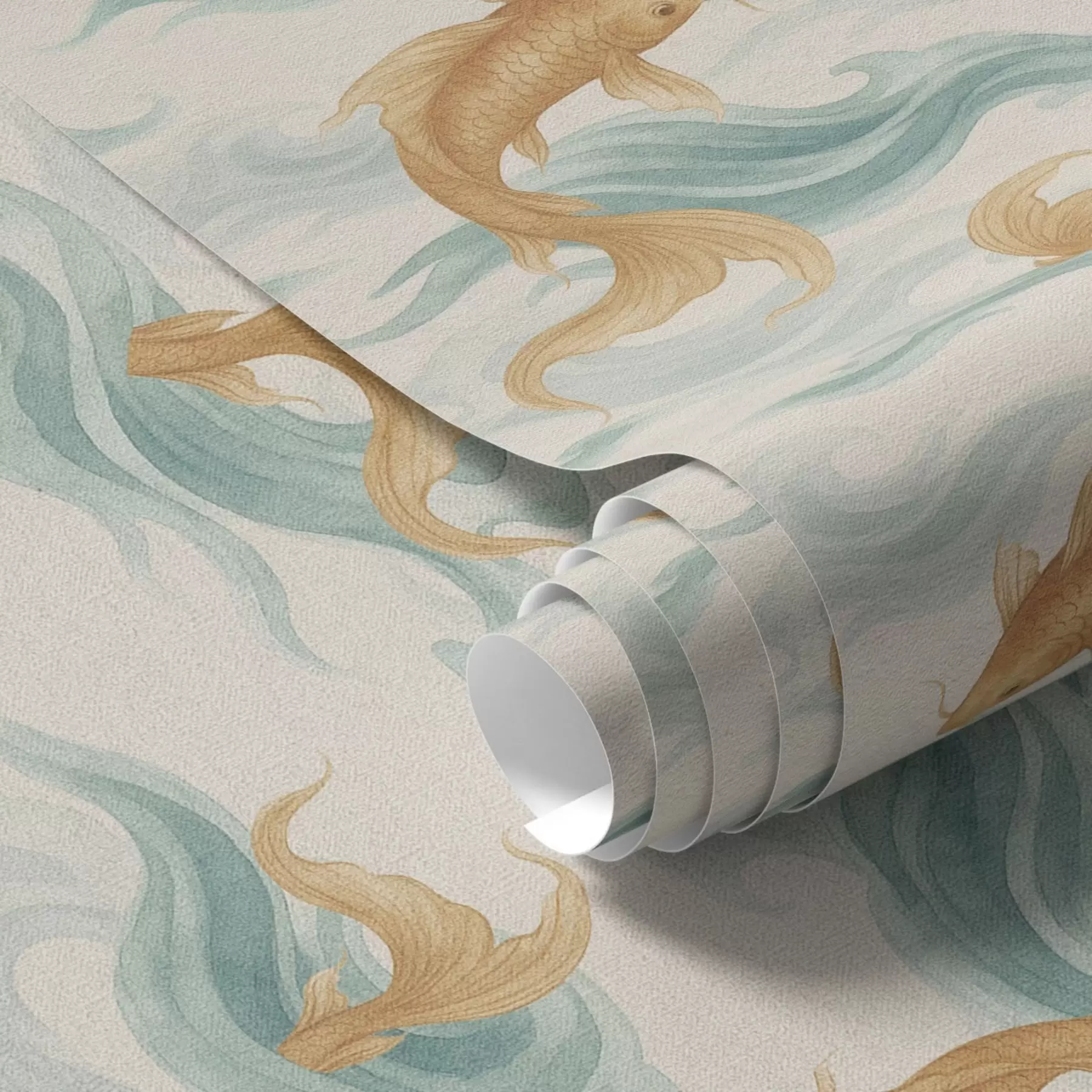 Valokuvatapetti Amber-koi-kala ui pehmeiden turkoosien aaltojen keskellä a00894