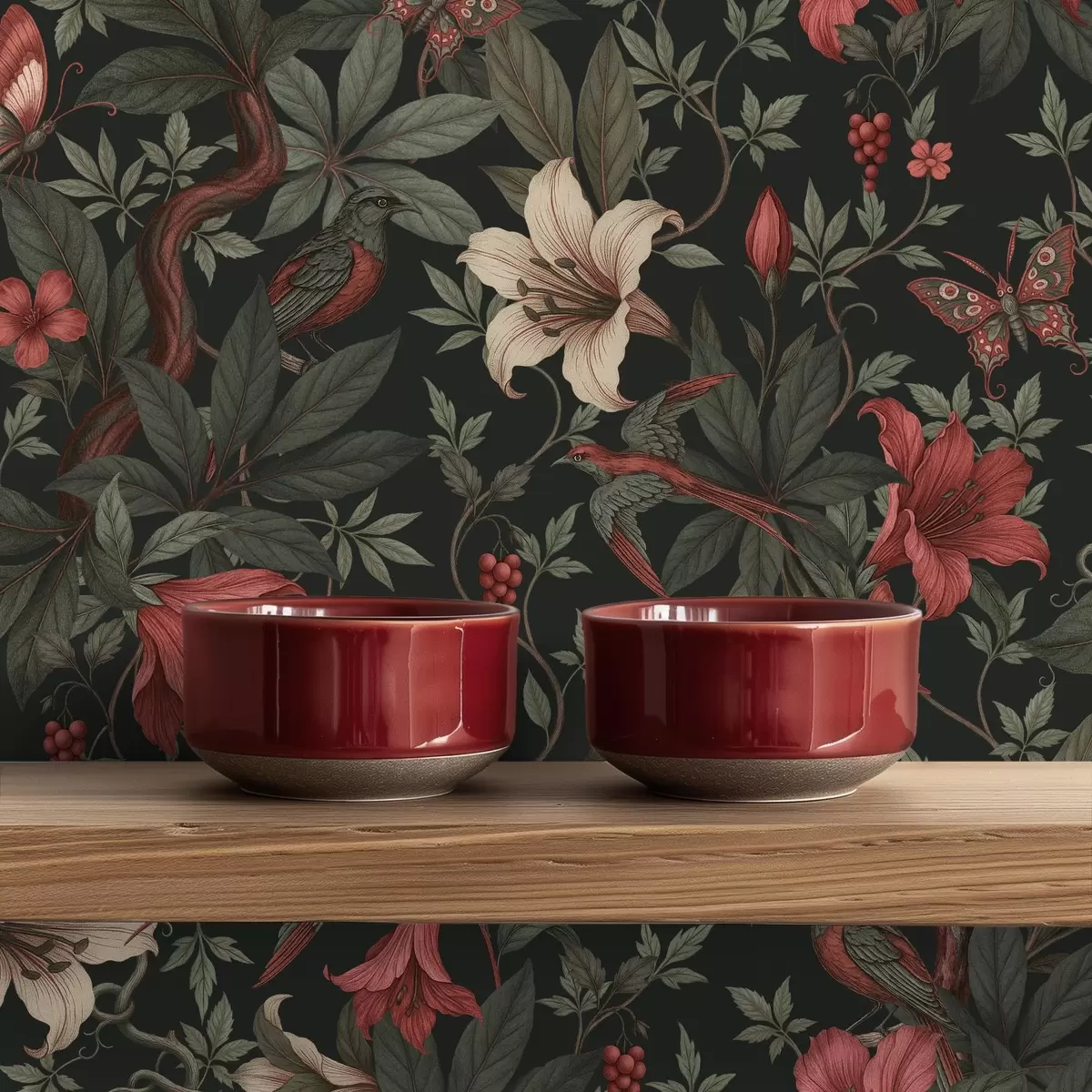 Taustakuva Tummat viidakon kukat, lintuja ja perhosia a00895