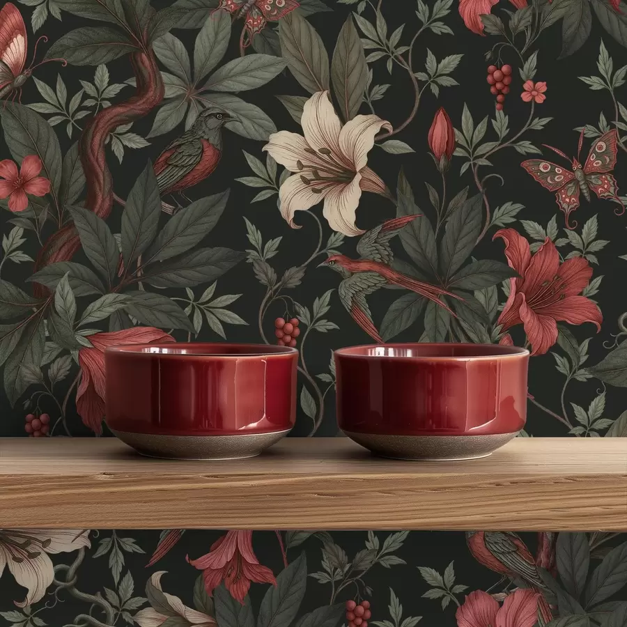 Valokuvatapetti Tummat viidakon kukat, lintuja ja perhosia a00895