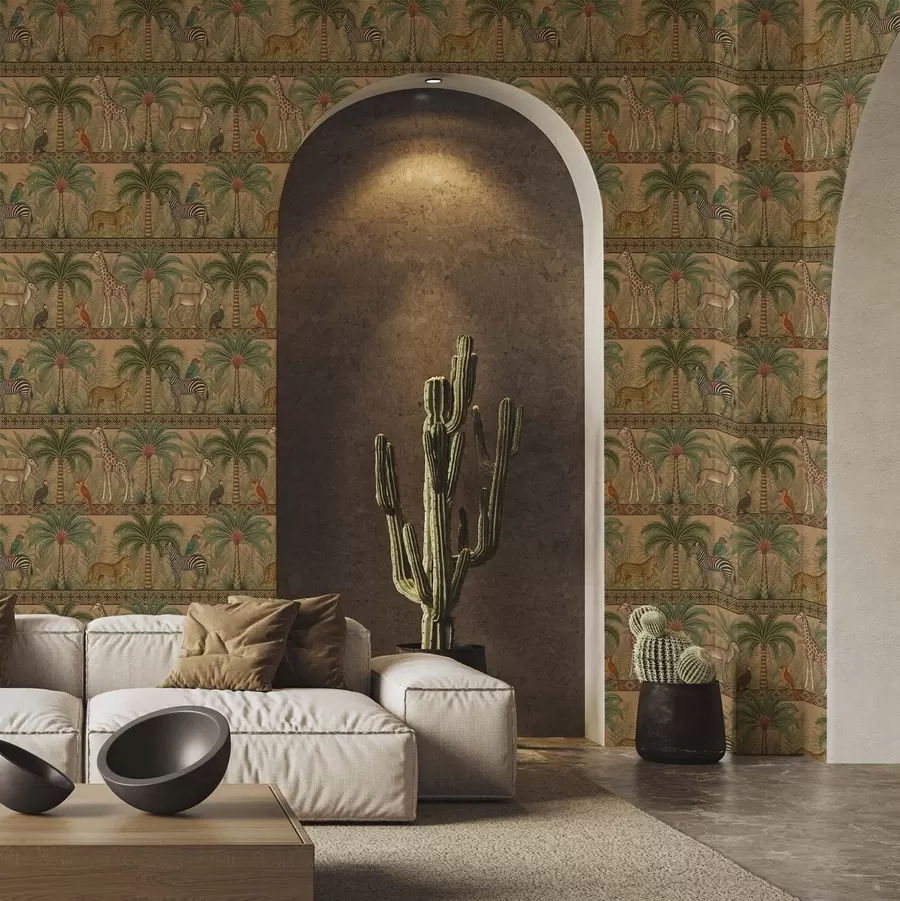 Valokuvatapetti Koristeelliset savannieläimet palmujen ja reunusten välissä a00898