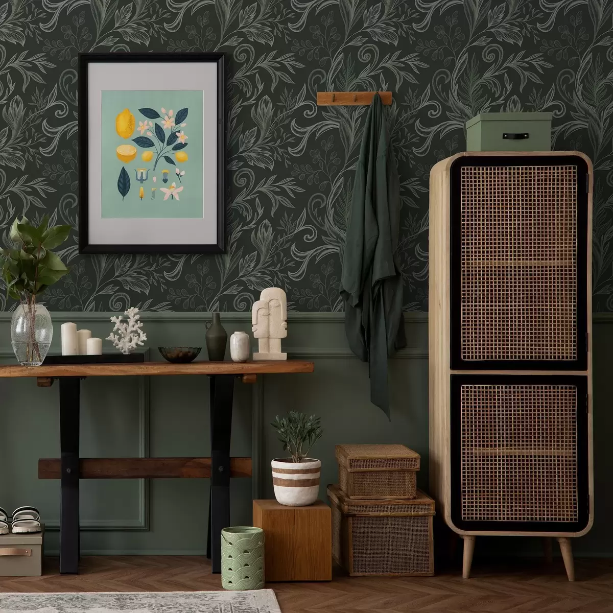 Taustakuva Syvä metsä, käpristyneet lehdet kalkkivihreissä sävyissä a00935v2