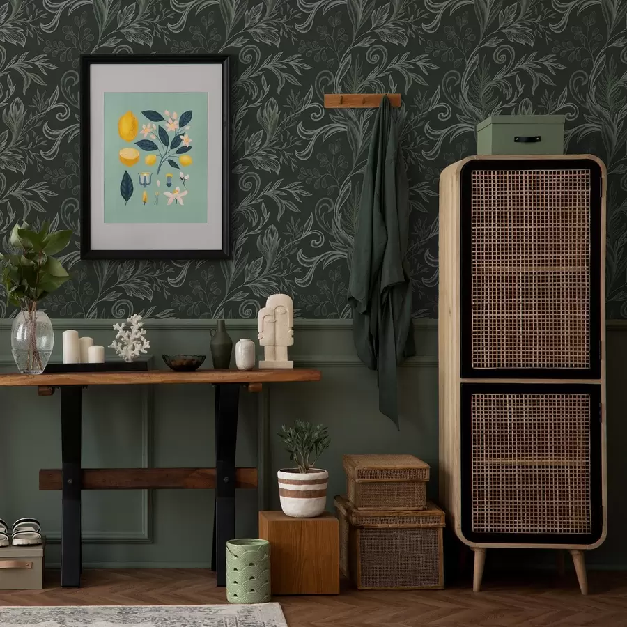 Valokuvatapetti Syvä metsä, käpristyneet lehdet kalkkivihreissä sävyissä a00935v2