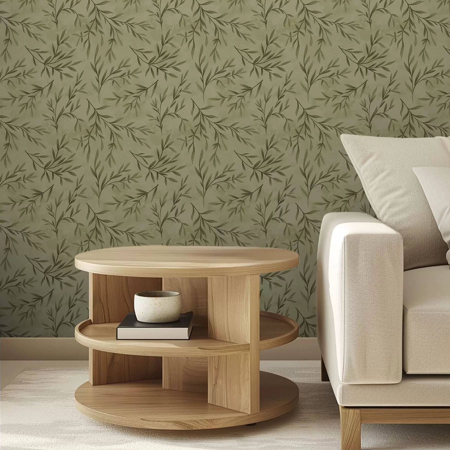 Valokuvatapetti Oliivipuun oksat hillityn kelta-vihreällä teksturoidulla pohjalla a00936