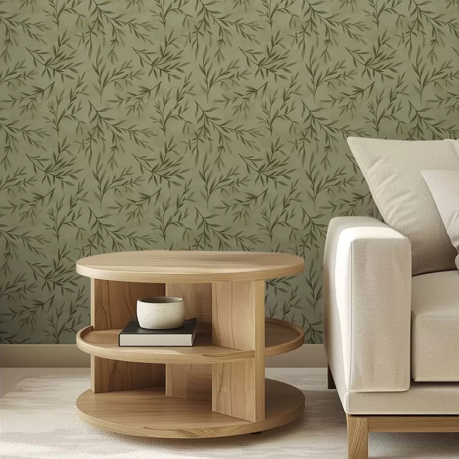 Valokuvatapetti Oliivipuun oksat hillityn kelta-vihreällä teksturoidulla pohjalla a00936