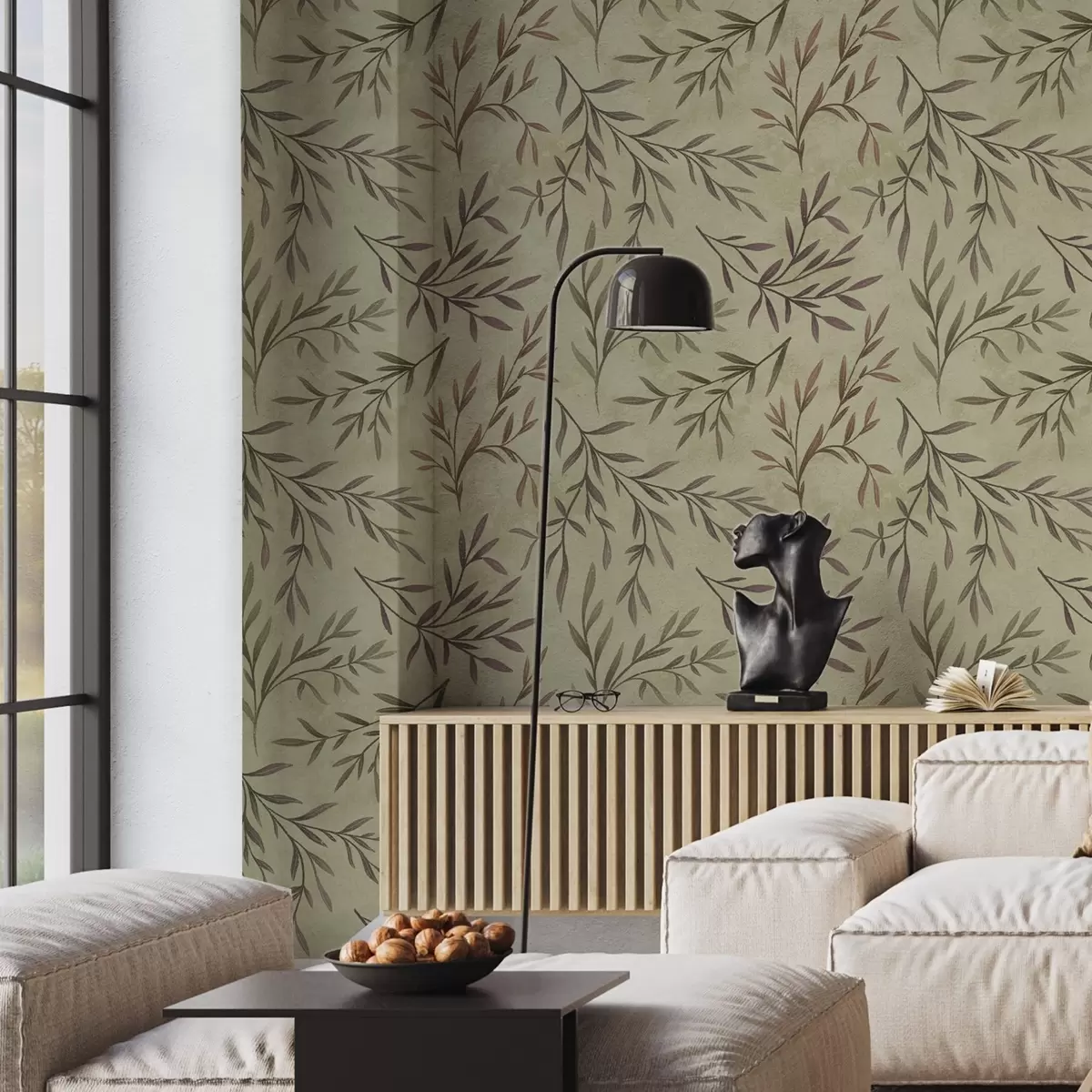 Taustakuva Lila ja vihreät oksat lehdillä lämpimällä taustalla a00936v4