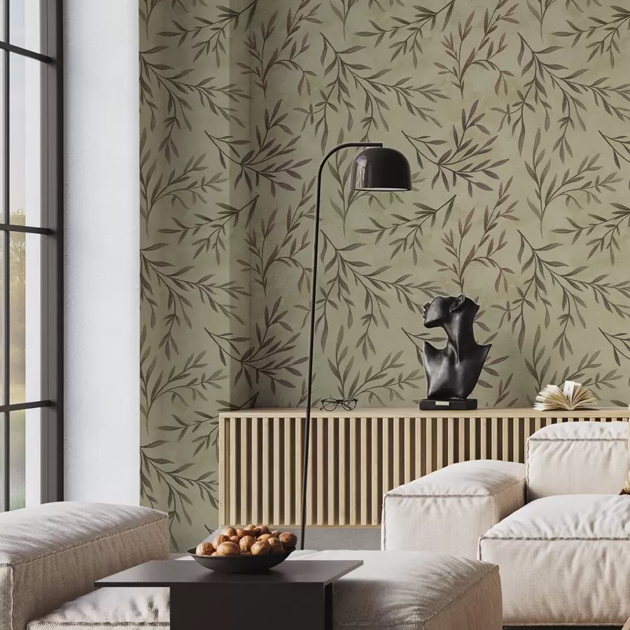 Valokuvatapetti Lila ja vihreät oksat lehdillä lämpimällä taustalla a00936v4