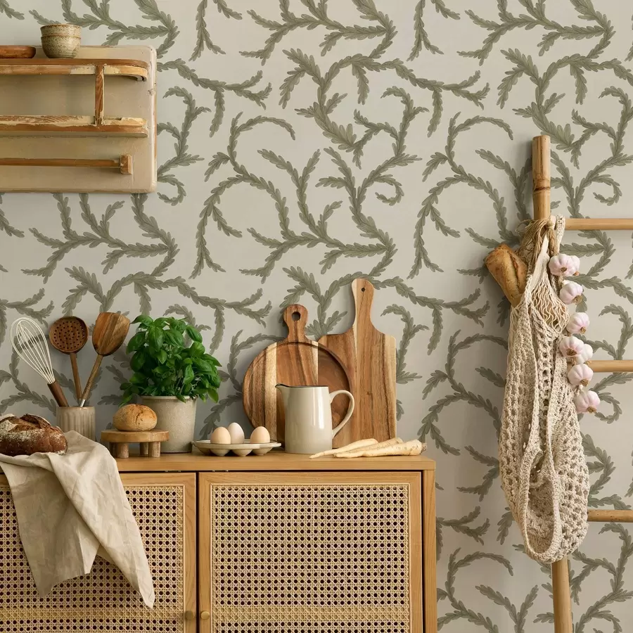 Valokuvatapetti Pehmeät vihreät havupuiden kiharat vaalealla taustalla a00938