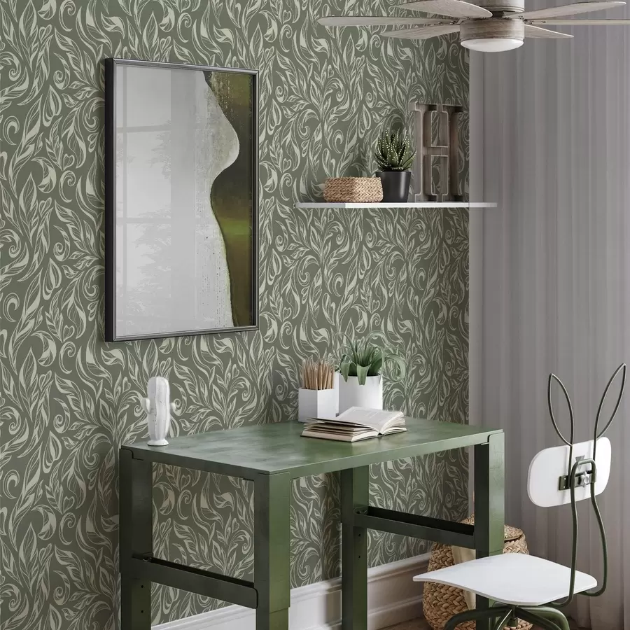 Valokuvatapetti Kermanvärinen lehtikoriste vihertävän harmaalla taustalla a00940v2