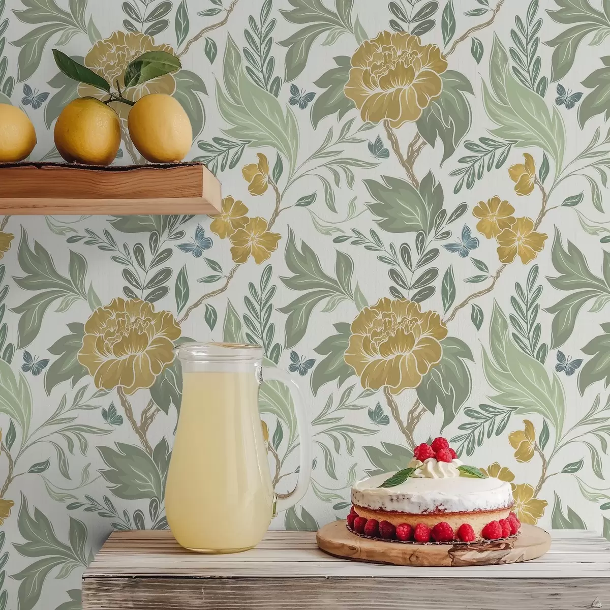 Taustakuva Suuret keltaiset pionit ja vihreys vaalealla taustalla a00941