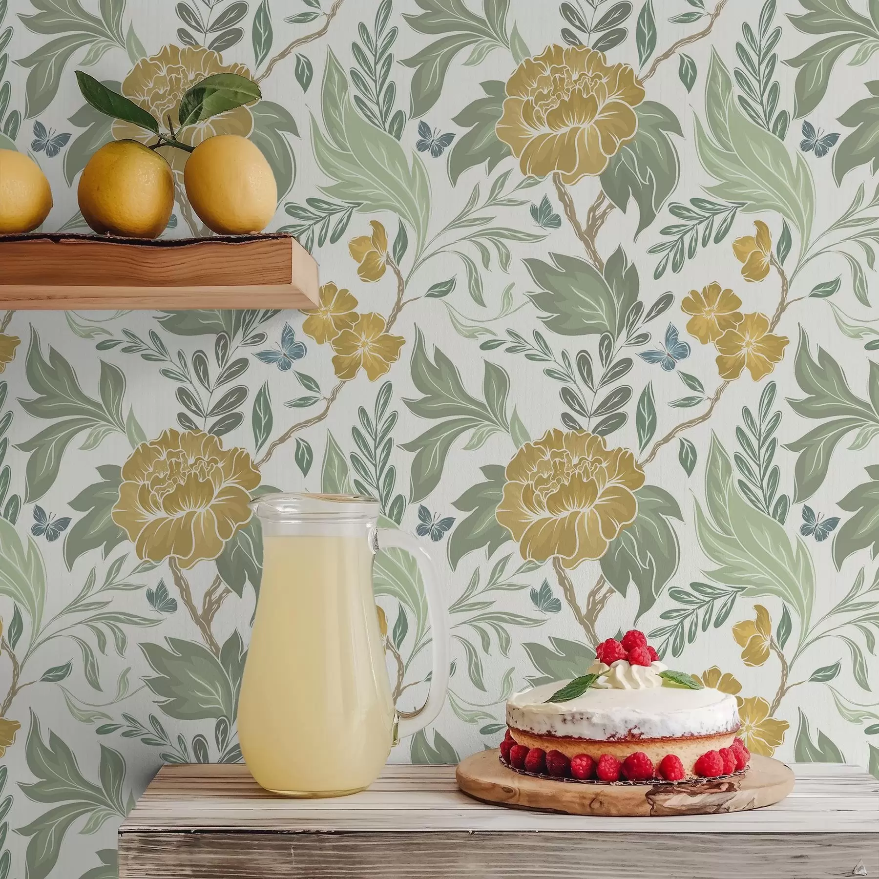 Valokuvatapetti Suuret keltaiset pionit ja vihreys vaalealla taustalla a00941