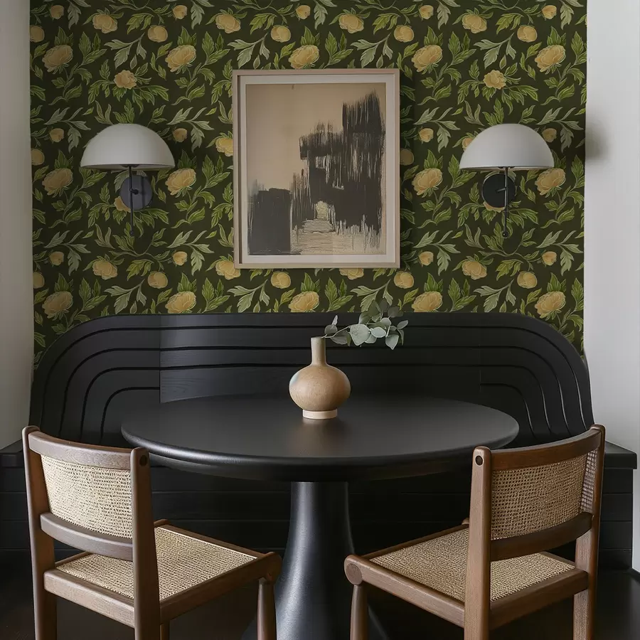 Valokuvatapetti Keltaiset pionit tummanvihreällä taustalla a00942v1