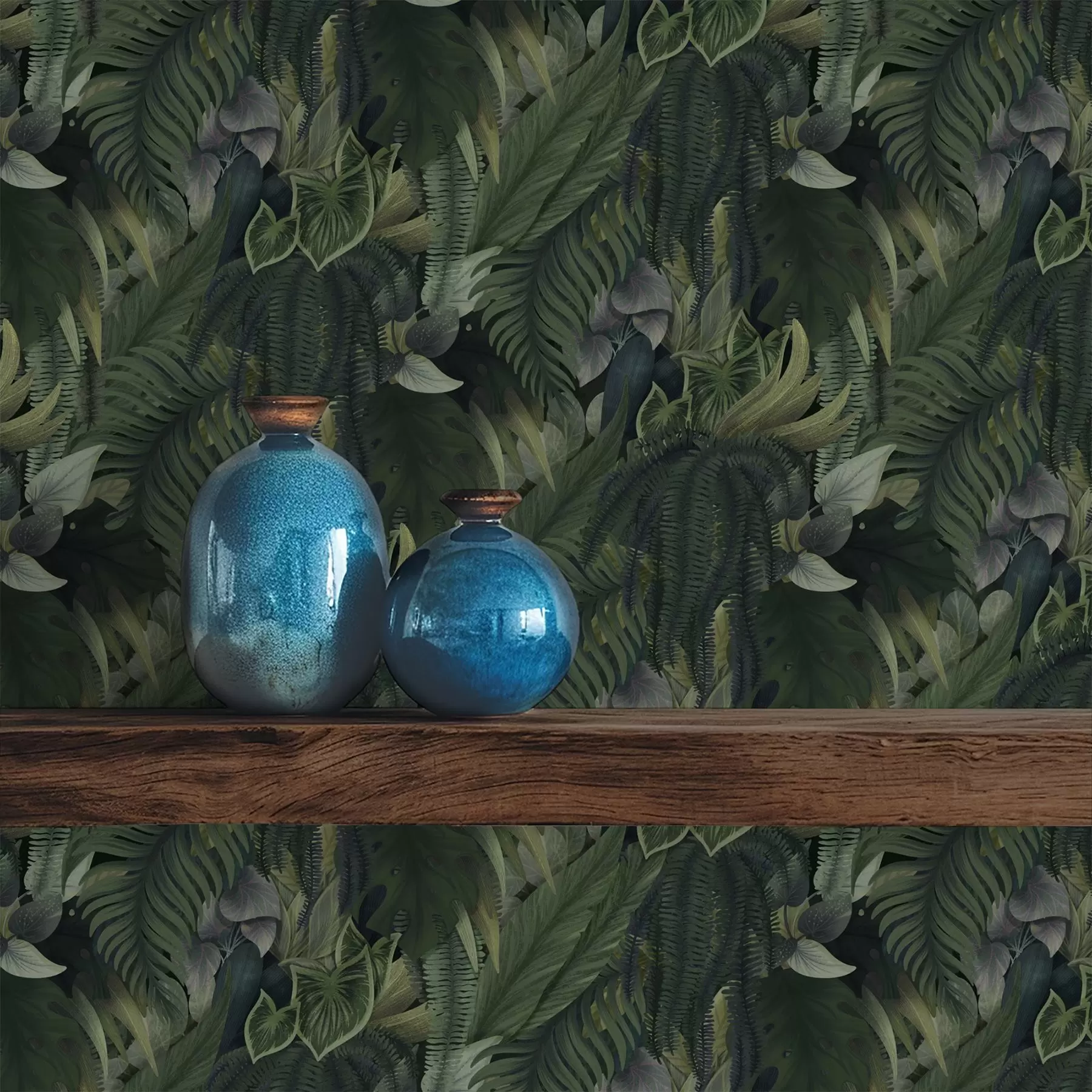 Valokuvatapetti Tiheä trooppinen kasvillisuus syvänvihreissä pusikoissa a00943