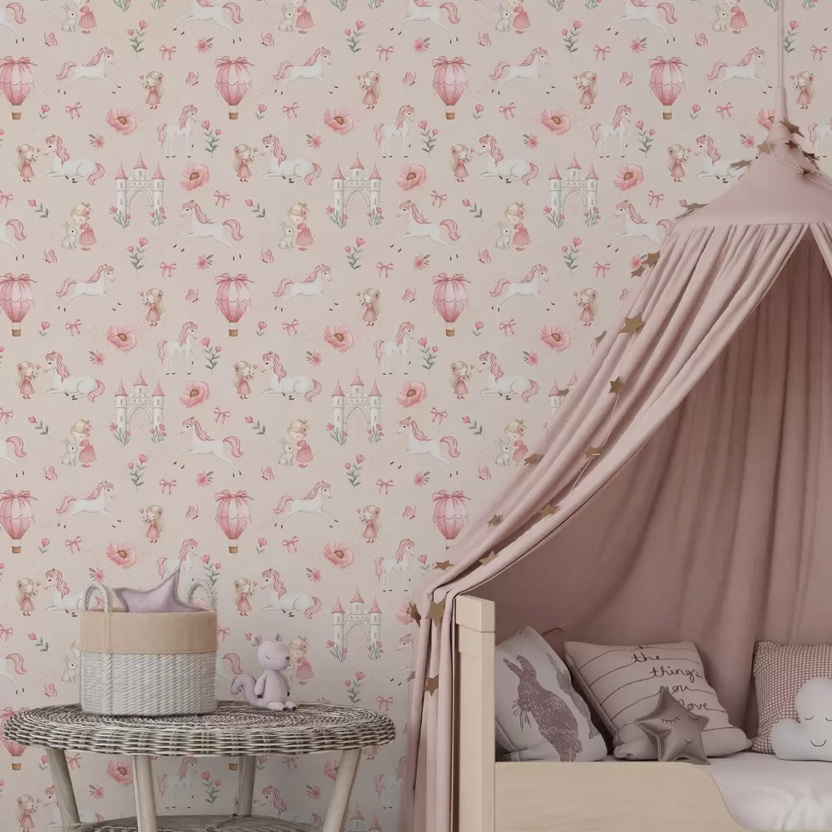 Taustakuva Vaaleanpunaiset yksisarviset, pienet tytöt ja linna pehmeällä taustalla a00957