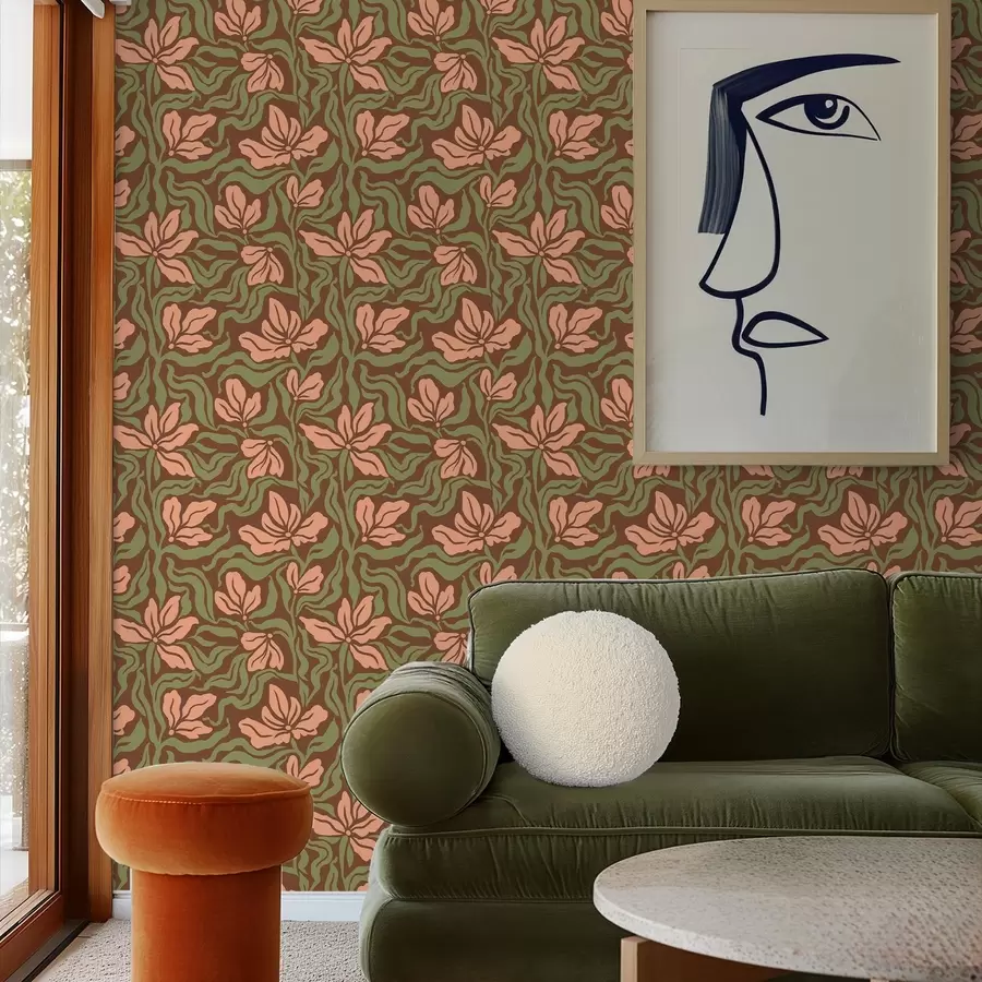 Valokuvatapetti Persikan kukat ja vehreys tummanruskealla taustalla a00958v2