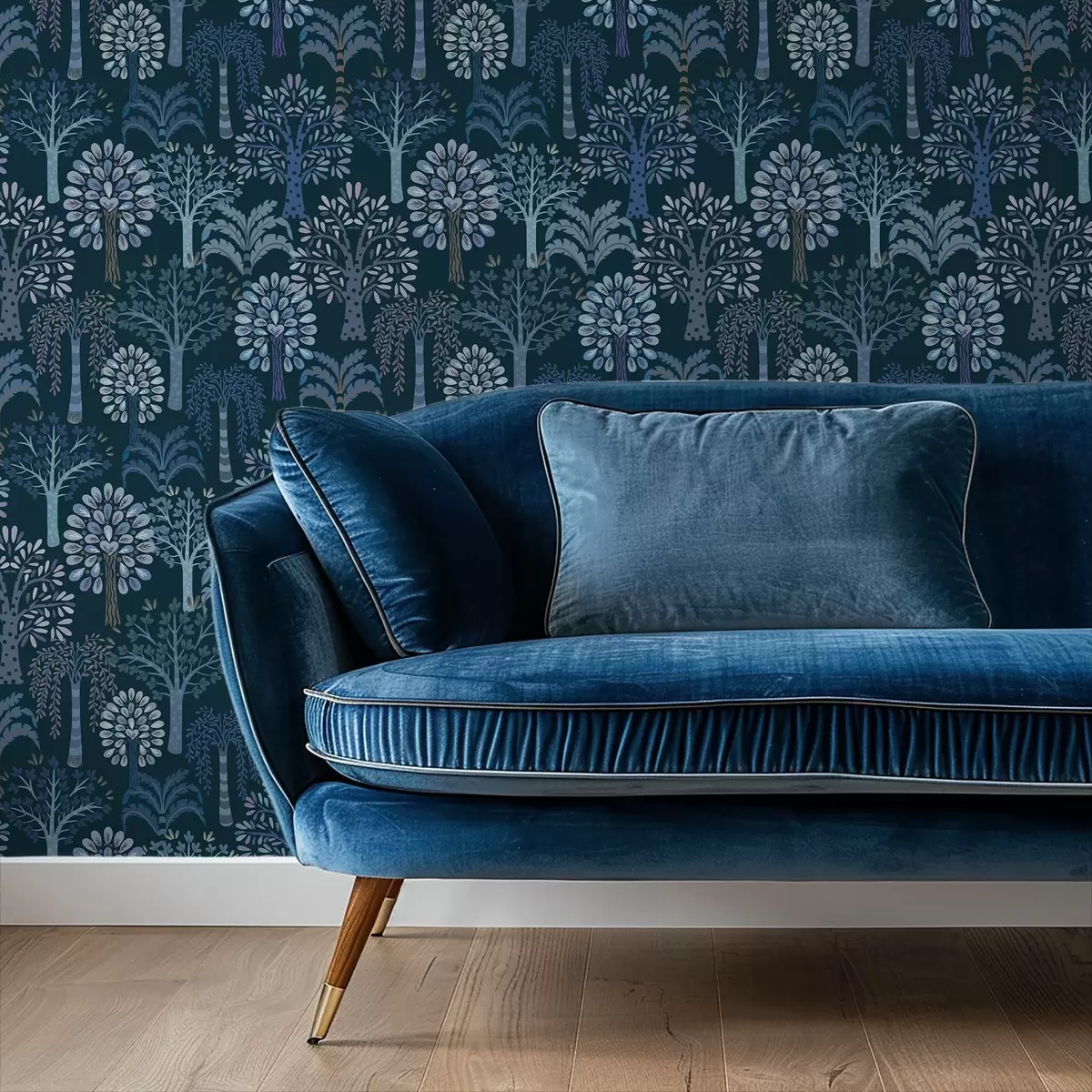 Taustakuva Yömetsä, jossa on koristeellisia puita sinisissä sävyissä a00960v2