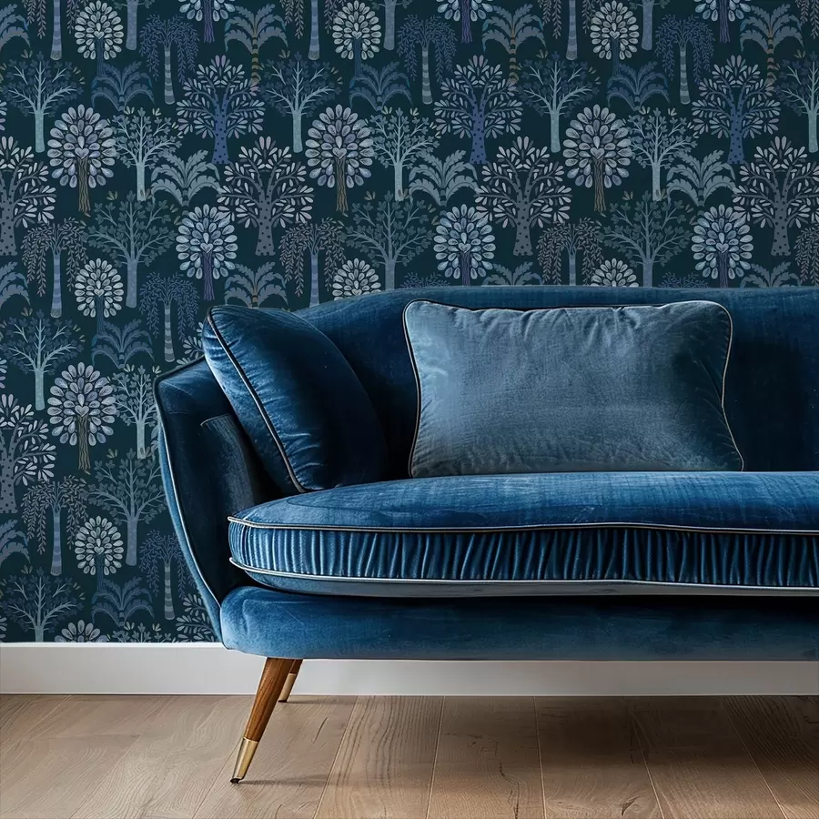 Valokuvatapetti Yömetsä, jossa on koristeellisia puita sinisissä sävyissä a00960v2