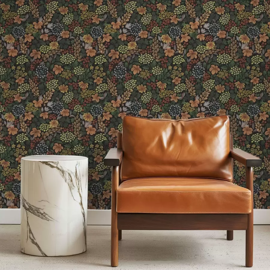 Valokuvatapetti Lämmin yöpuutarha keltaisilla kukilla ja rehevällä lehtien peitteellä a00996v1