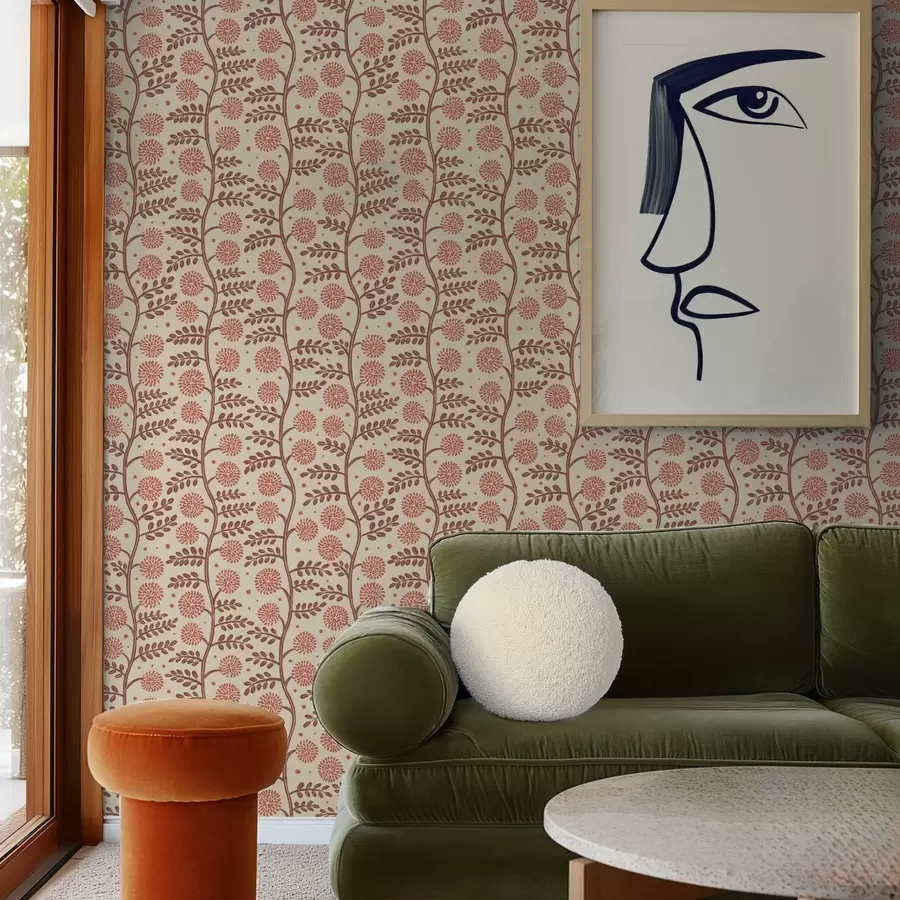 Valokuvatapetti Terrakottaiset varret, joissa on korallinvärisiä pörröisiä kukkia kermanvärisellä taustalla a00997v1