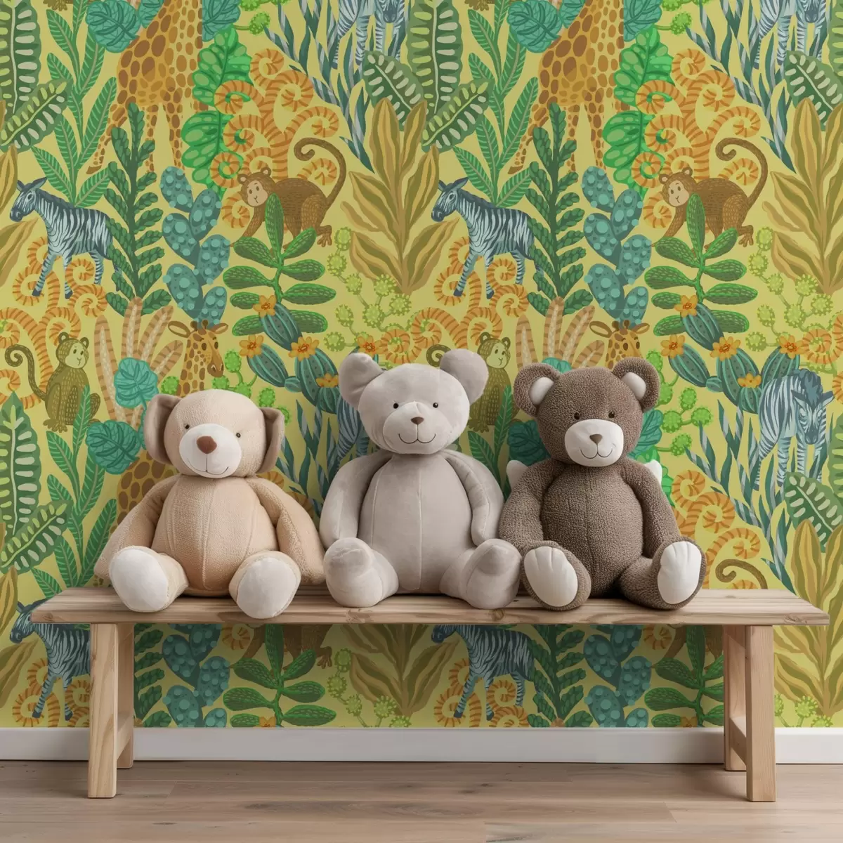 Taustakuva Kirahvi, seepra ja apina kirkkaan keltaisella savannilla a01000v1