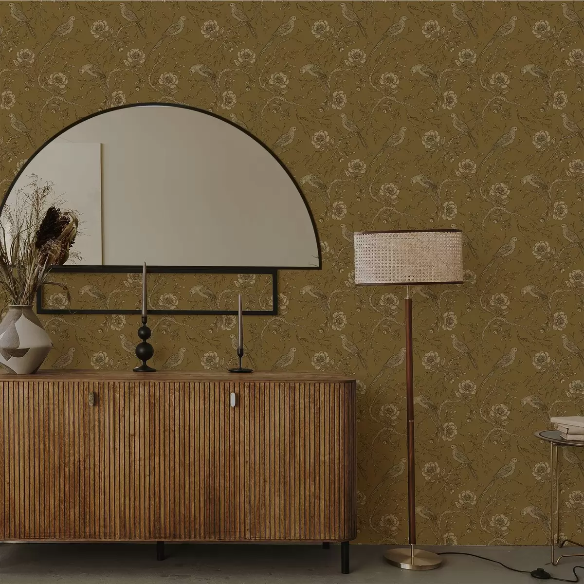 Taustakuva Vintage-linnut ja kukat lämpimällä oliivinvärisellä taustalla a01022v1