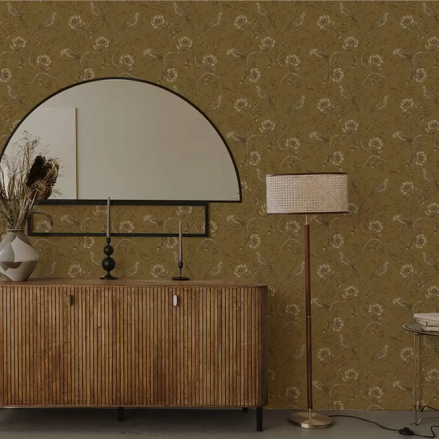 Valokuvatapetti Vintage-linnut ja kukat lämpimällä oliivinvärisellä taustalla a01022v1