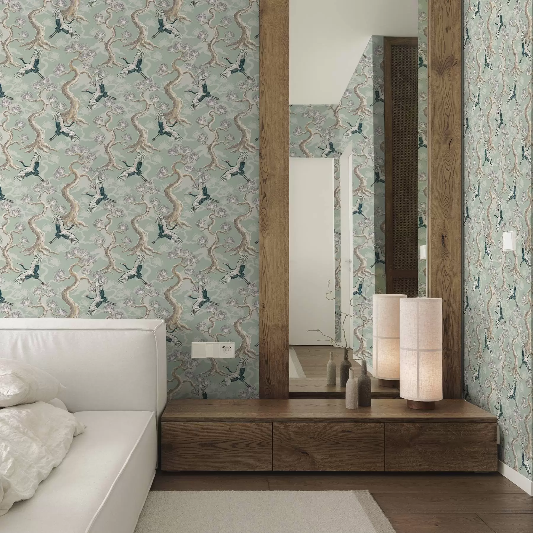 Valokuvatapetti Kurjet kaarevien oksien keskellä pehmeällä salvia-värisellä taustalla a01023