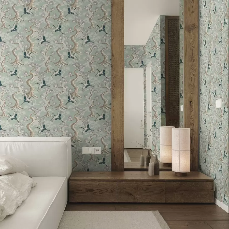 Valokuvatapetti Kurjet kaarevien oksien keskellä pehmeällä salvia-värisellä taustalla a01023