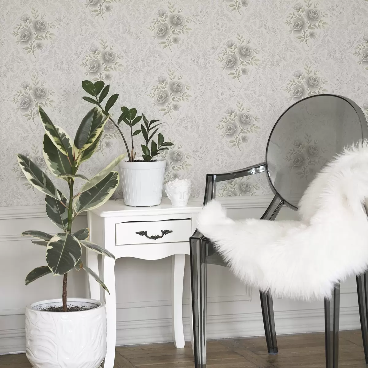 Taustakuva Vaalea damaskikuvio, jossa on harmaita ruusuja pehmeissä rombeissa a01024