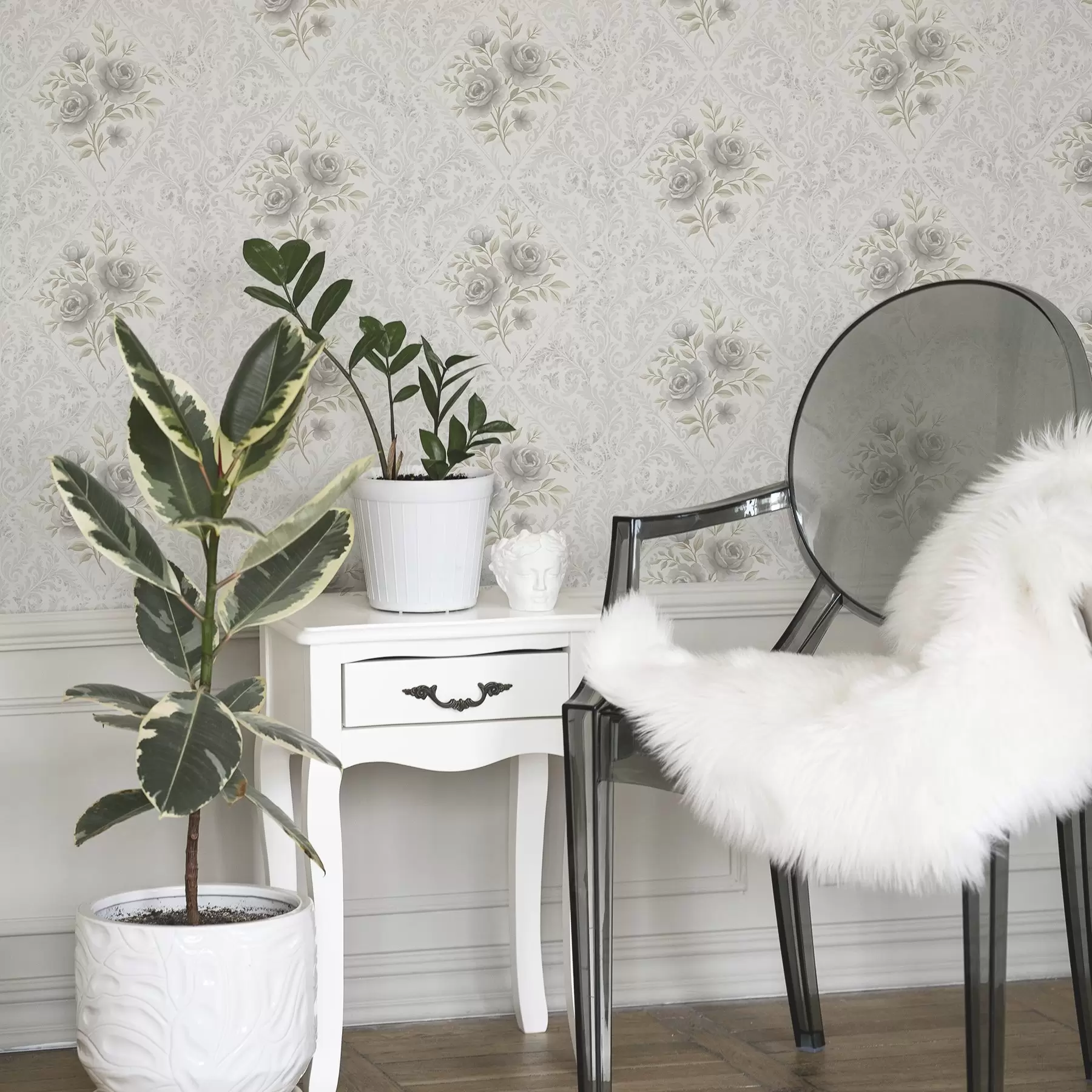 Valokuvatapetti Vaalea damaskikuvio, jossa on harmaita ruusuja pehmeissä rombeissa a01024