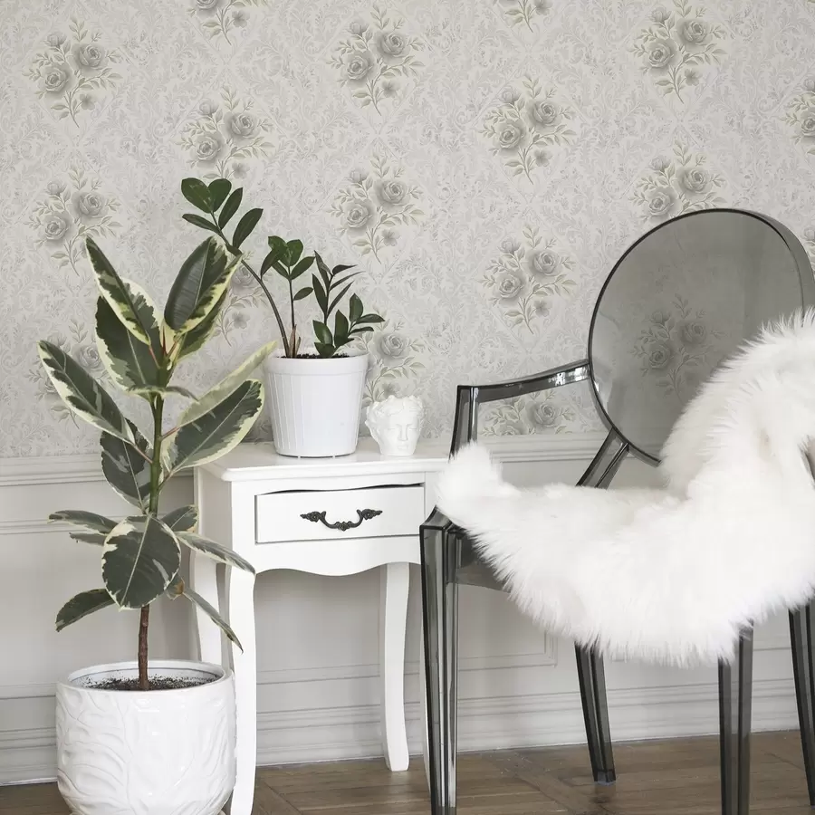 Valokuvatapetti Vaalea damaskikuvio, jossa on harmaita ruusuja pehmeissä rombeissa a01024