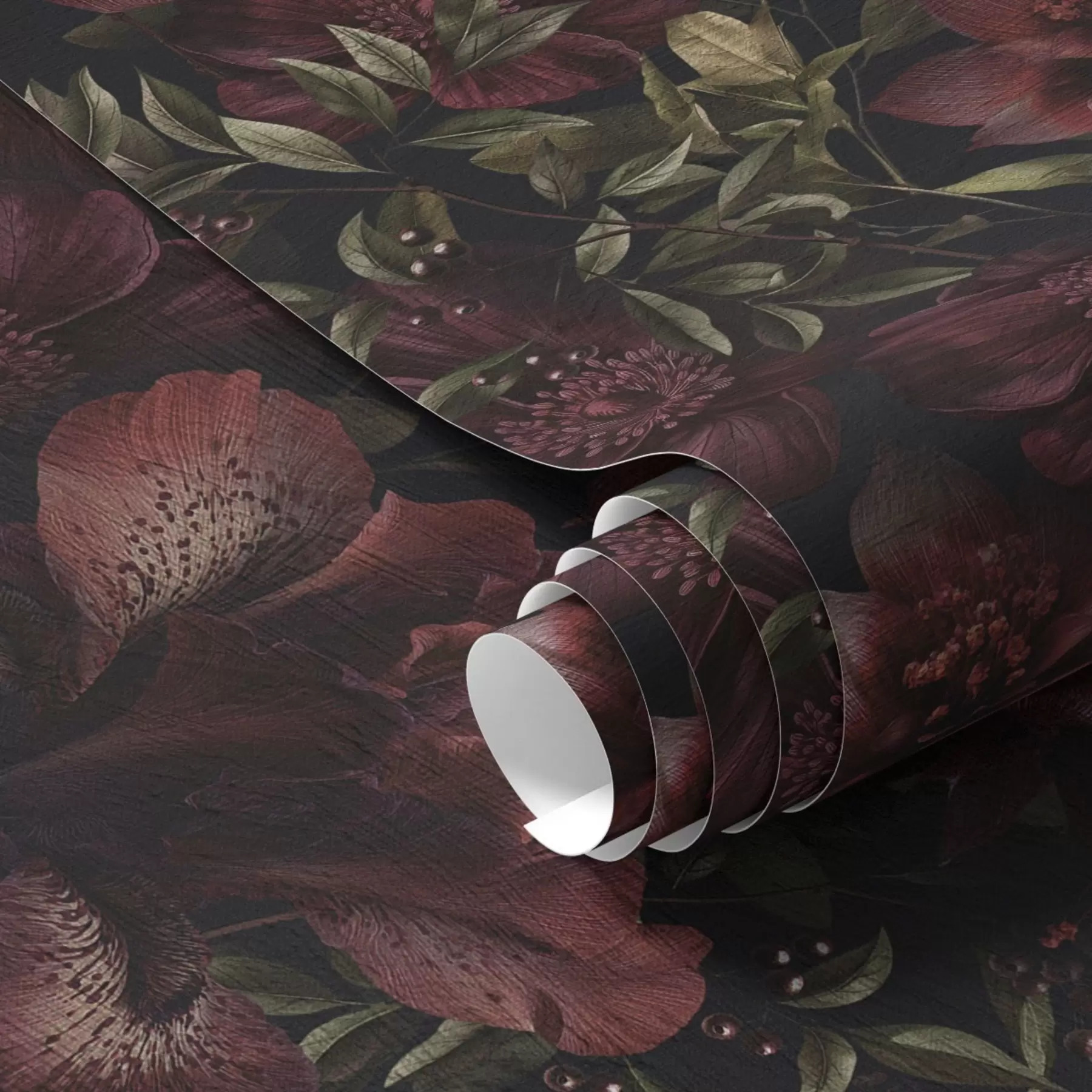 Valokuvatapetti Rikkaat viininpunaiset kukat tummalla taustalla a01032