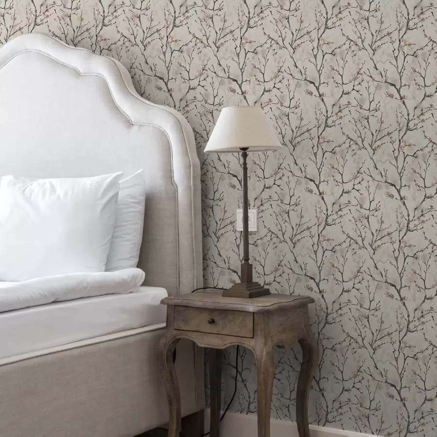 Valokuvatapetti Vesivärimaalaus sakuran oksista vaalealla taustalla a01033